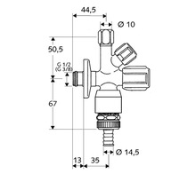 Technische Zeichnung eines Eckregulierventils mit Maßangaben