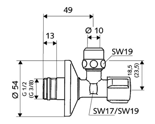 Technische Zeichnung eines Eckregulierventils mit Maßangaben