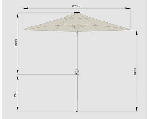 Abmessungen eines Sonnenschirms: Höhe 2055 cm, Breite 2920 cm