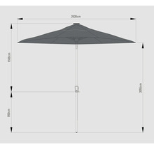 Dessin technique d''un parasol avec les dimensions suivantes : 2 920 cm de largeur, 1 550 cm de hauteur de parasol, 2 055 cm de hauteur totale et 950 cm de hauteur du bord inférieur du parasol.