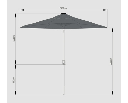 Dessin technique d'un parasol avec les dimensions suivantes : 2 920 cm de largeur, 1 550 cm de hauteur de parasol, 2 055 cm de hauteur totale et 950 cm de hauteur du bord inférieur du parasol.