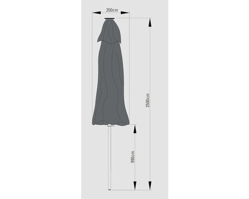 Dessin technique d'un parasol fermé avec indication de la hauteur et de la largeur en centimètres