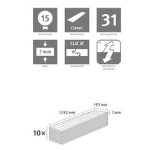 Produktmerkmale: 15 Jahre Garantiezeit, Dielenformat Classic, Nutzungsklasse 31, 7 mm Dicke, Klickverbindung, Antistatische Oberfläche, 10 Dielen, 1292 mm Länge, 193 mm Breite