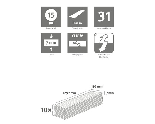 Informations sur la durée de garantie, le format des planches, la classe d''usage, l''épaisseur, le profil de pose et la surface antistatique du stratifié