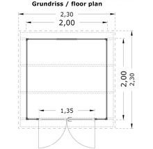Grundriss mit Abmessungen 2,30 mal 2,30 Meter
