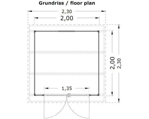 Plan avec des dimensions de 2,30 mètres sur 2,30 mètres
