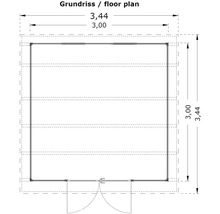 Grundriss eines Gartenhauses mit Maßangaben