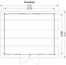 Grundrisszeichnung eines Gartenhauses mit Maßangaben