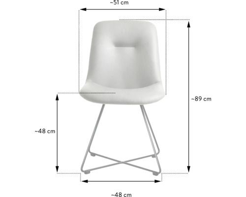 Stuhl mit den Maßen 51 cm Breite, 89 cm Höhe, 48 cm Sitztiefe und 48 cm Beinabstand