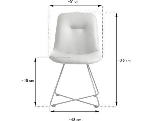 Abmessungen eines Stuhls: Höhe circa 89 cm, Breite circa 51 cm, Tiefe circa 48 cm, Sitzhöhe circa 48 cm