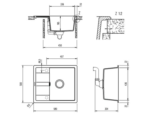 Dessin technique d'un évier avec dimensions