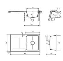 Schéma technique d'un évier de cuisine avec dimensions.