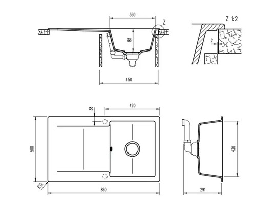 Schéma technique d'un évier de cuisine avec dimensions.