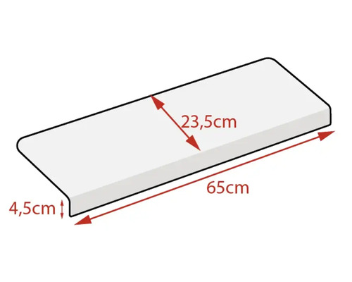 Rebord de fenêtre avec des dimensions de 65 cm de longueur, 23,5 cm de largeur et 4,5 cm de hauteur.