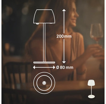 Illustration d''une lampe de table avec des dimensions de 200 mm de hauteur et 80 mm de diamètre