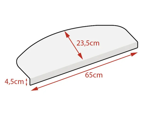 Skizze einer Waschtischplatte mit den Maßen 65 cm Länge, 23,5 cm Tiefe und 4,5 cm Höhe.
