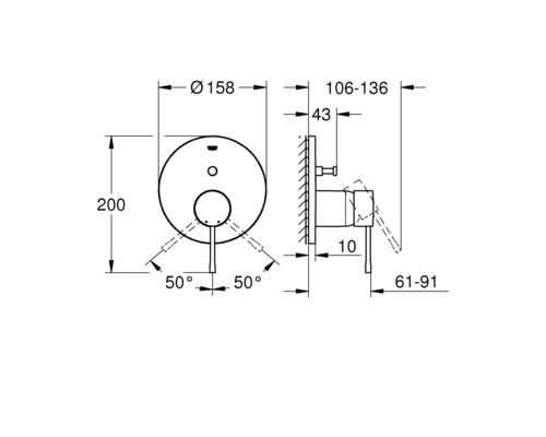 Schéma technique d''un robinet encastré avec indication des dimensions.