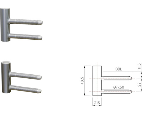 Penture de portail en acier inoxydable avec deux boulons et dessins techniques