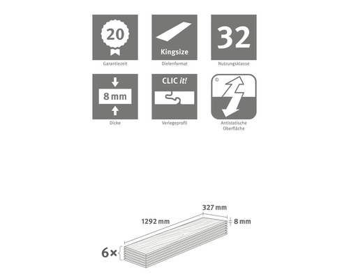Informationen zu Garantiezeit, Dielenformat, Nutzungsklasse, Dicke, Verlegeprofil und antistatischer Oberfläche. Sechs Dielen mit den Maßen 1292 mm x 327 mm x 8 mm.