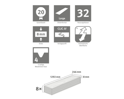 Informations sur la période de garantie, le format des planches, la classe d''utilisation, l''épaisseur, le profilé de pose, la surface antistatique et le chanfrein