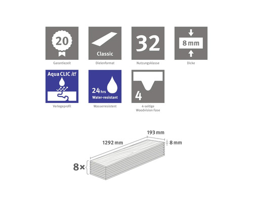 Durée de garantie 20 ans, format des planches Classic, classe d''utilisation 32, épaisseur 8 mm, profil de pose Aqua CLIC it! Résistant à l''eau pendant 24 heures, chanfrein Woodvision 4 faces, dimensions 1292 x 193 mm, 8 pièces