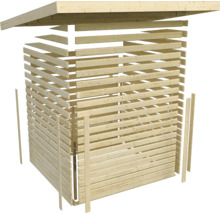 Holzunterstand mit Lamellenwänden und Dach
