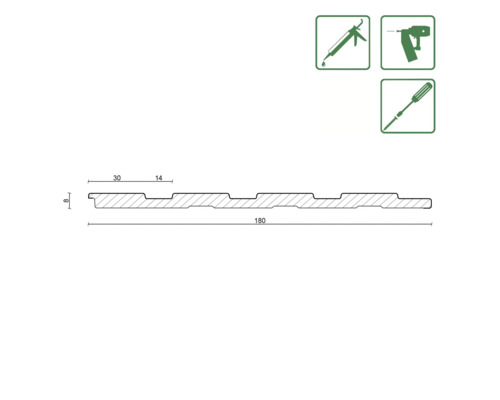 Technische Zeichnung einer Fassadenverkleidung mit Maßangaben und Montagesymbolen.