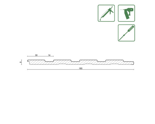 Dessin technique d''une baguette en bois profilé avec dimensions et symboles pour les méthodes de fixation.
