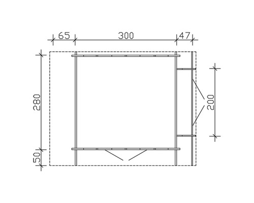 Technische Zeichnung eines Gartenhauses mit Maßangaben