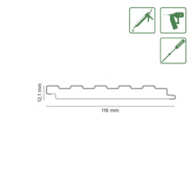 Schéma d''un revêtement de façade mesurant 12,1 millimètres et 118 millimètres, comprenant des symboles d''outils