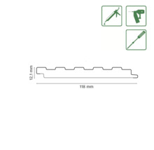 Dimensions d''une planche de bois profilée : 12,1 mm d''épaisseur et 118 mm de largeur