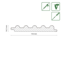 Coupe transversale d''une planche profilée avec dimensions : 118 mm de largeur et 14,5 mm de hauteur