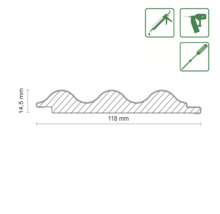 Coupe transversale d''un panneau avec des dimensions de 118 mm x 14,5 mm et des instructions de montage