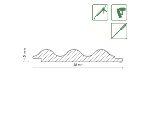Coupe transversale d''un panneau avec des dimensions de 118 mm x 14,5 mm et des instructions de montage