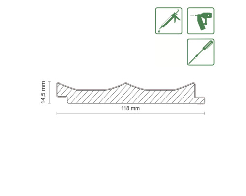 Section transversale du profilé avec dimensions 118 mm de largeur et 14,5 mm de hauteur