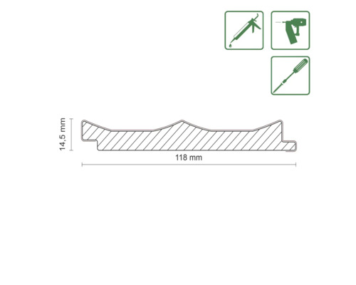 Section transversale de la moulure de profil avec dimensions 14,5 mm et 118 mm