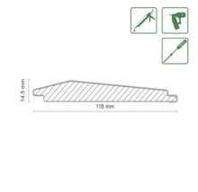 Dessin technique d''un profilé avec des dimensions de 118 millimètres et 14,5 millimètres, ainsi que des symboles pour le montage avec un pistolet à cartouche, un cloueur ou des vis