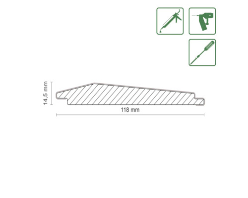 Dessin technique d''un profilé avec des dimensions de 118 millimètres et 14,5 millimètres, ainsi que des symboles pour le montage avec un pistolet à cartouche, un cloueur ou des vis