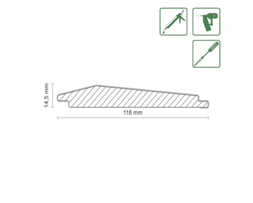 Dessin technique d''un profilé mesurant 118 mm de large et 14,5 mm de haut, avec les symboles du pistolet à silicone, de l''agrafeuse et du tournevis