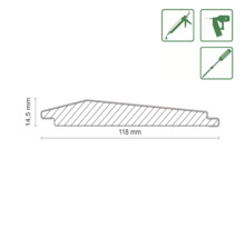 Vue en coupe d''une planche de profil avec dimensions : 118 mm de large et 14,5 mm de haut