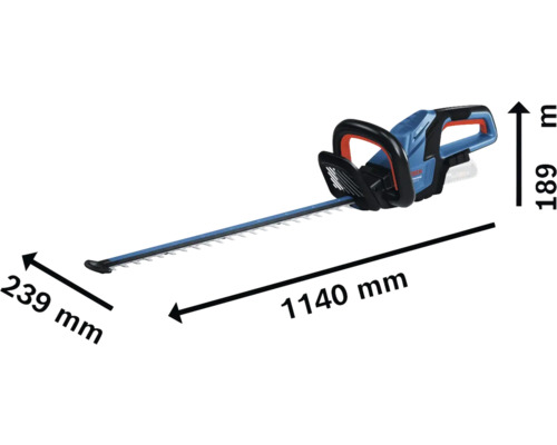 Image d'un taille-haie avec les dimensions suivantes : 1140 mm de long, 239 mm de large et 189 mm de haut.
