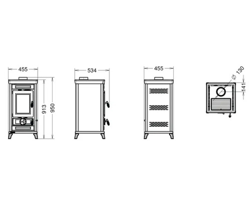 Maße des Kaminofens als technische Zeichnung.