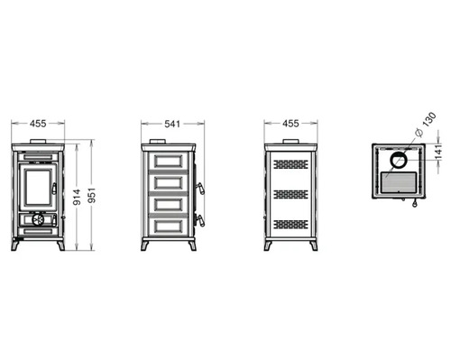 Technische Zeichnung eines Kaminofens mit Maßangaben