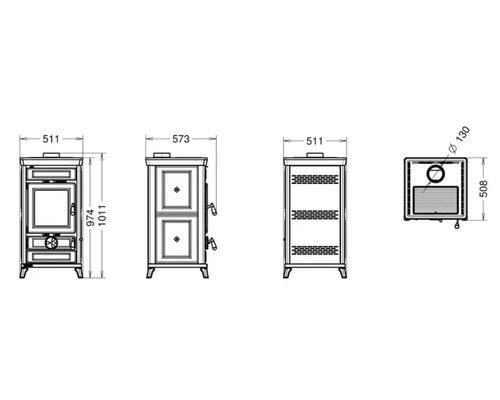 Technische Zeichnung eines Kaminofens mit Maßangaben