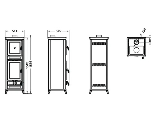 Technische Zeichnung eines Kaminofens mit Maßangaben