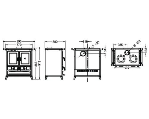 Technische Zeichnung eines Kaminofens mit Maßangaben