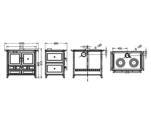 Technische Zeichnung eines Holzherds mit Maßangaben