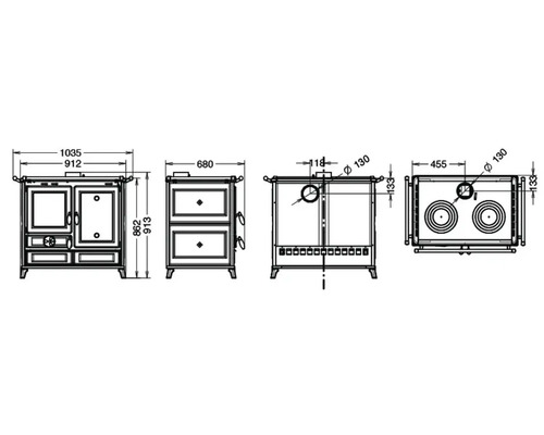Technische Zeichnung eines Ofens mit Maßen