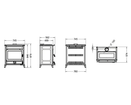 Technische Zeichnung eines Kaminofens mit Maßangaben