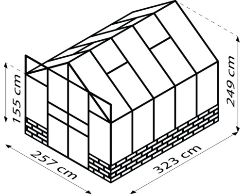 Illustration eines Gewächshauses mit den Maßen 257 x 323 x 249 Zentimeter